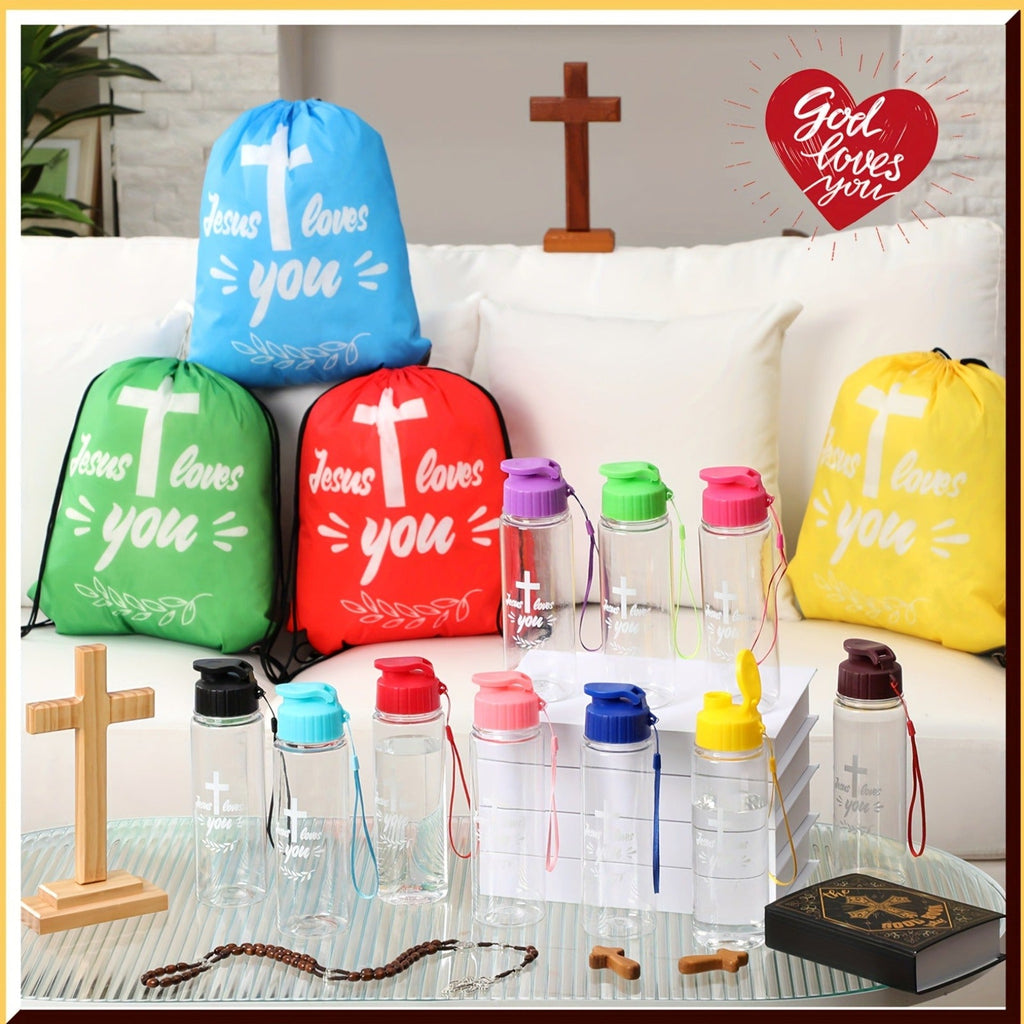 10 Drawstring Backpacks & 10 Sport Bottles with Bible Verses, God Loves You Church Event Favors for Kids, Vacation Bible School, Sunday School & Religious Celebrations | Christian Party Gifts Bulk Set 20pcs