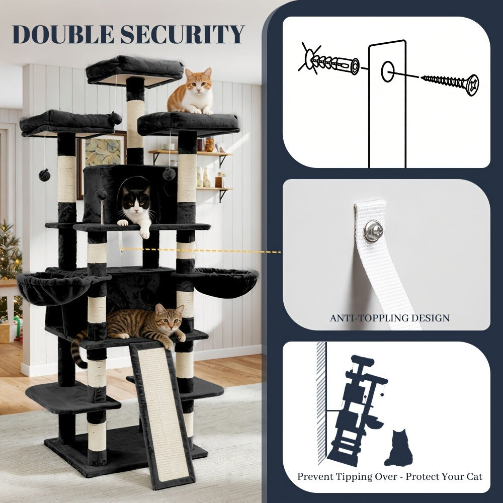 Large Multi-Level Cat Tree Tower – 68 – 81 Inch Tall Cat Condo with 2 Condos, 3 Plush Perches, Scratching Posts & Cat Hair Brush - product image 11