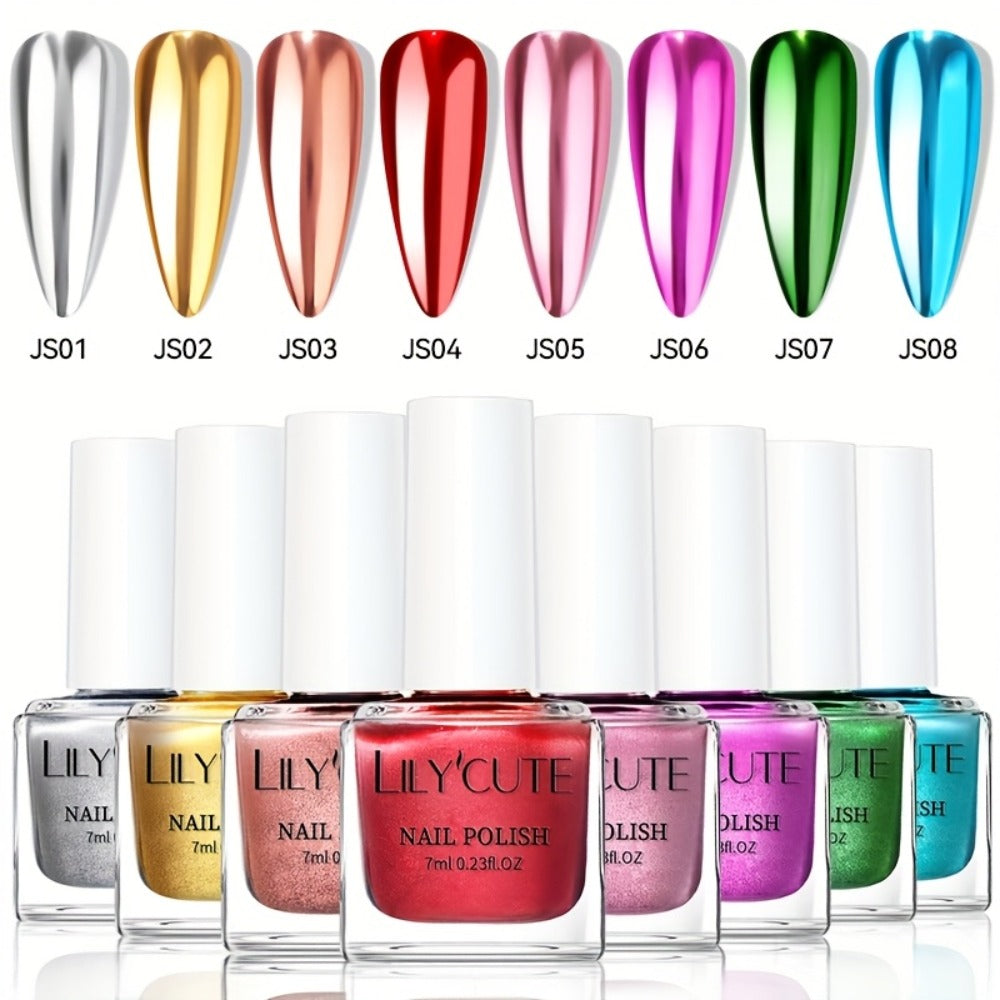 Quick-Dry Metallic Nail Polish Set 8 Colors - Super Bright Mirror Finish No UV Lamp Needed Regular Nail Polish, French Style Glass Bottle Nail Art Kit for Women Girls - product image