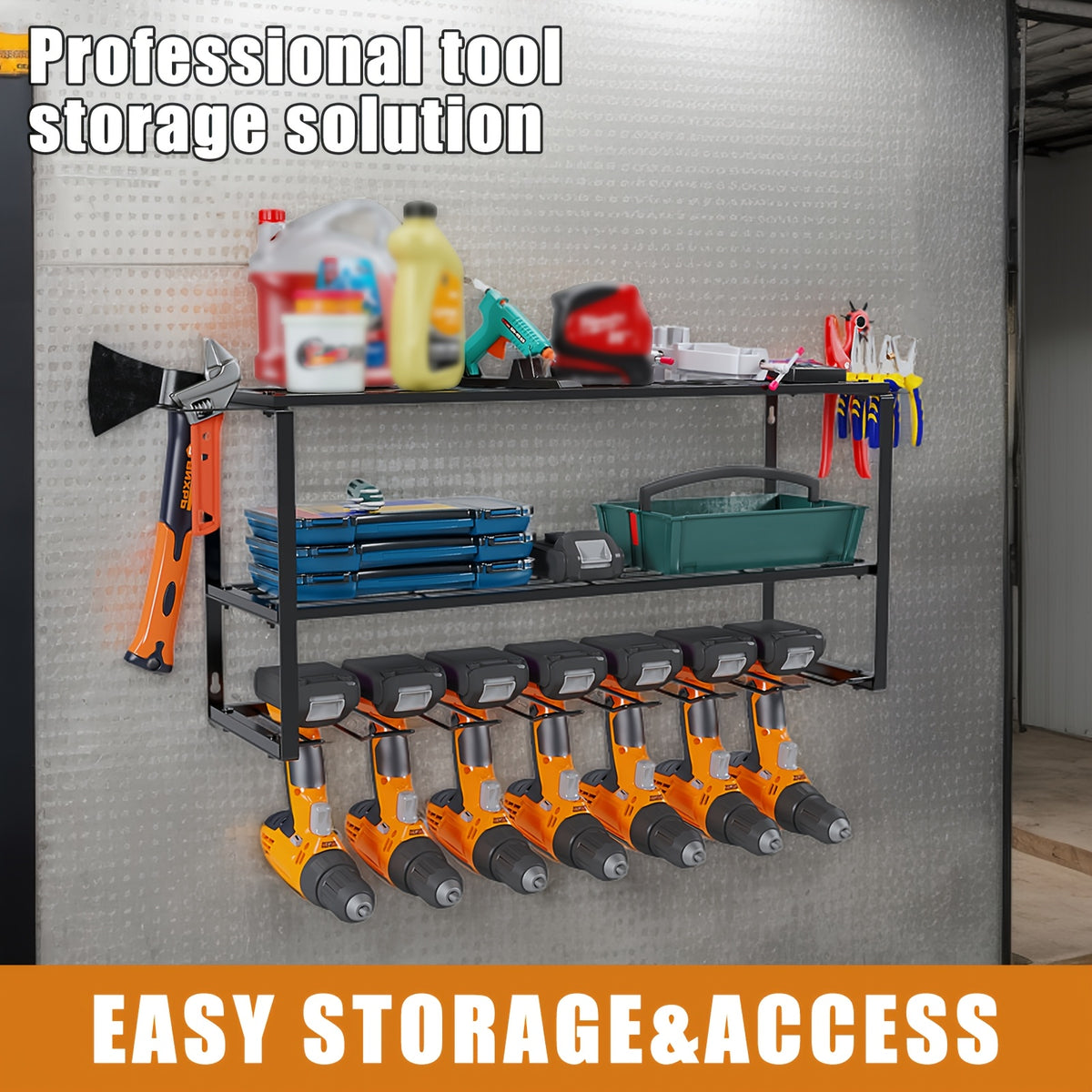 Power Tools Storage Rack, Wall Mount-150 Lb. (68 Kg) Load Bearing 3-story Storage Rack With 7 Bit Holders For Drilling Cordless Tools, Heavy-duty Iron Garage - product image 7