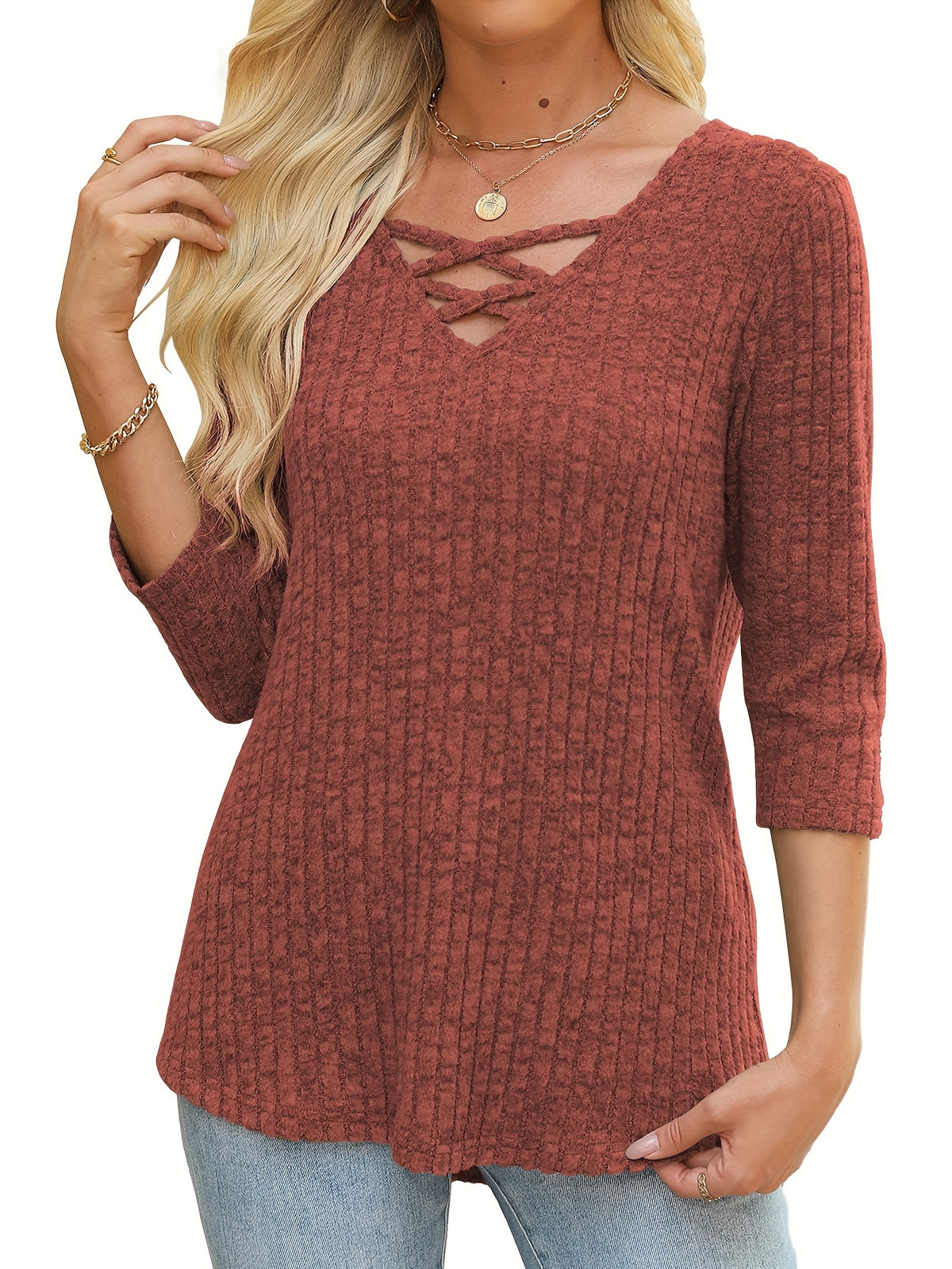 Casual Pullover with 3/4 Sleeves for Women, Featuring a Light and Loose Fit, and a Cross V-Neck Design - product image 6