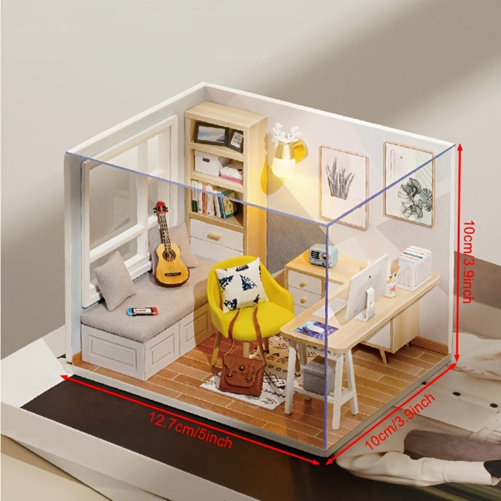 DIY Miniature House Kit Sunshine Study | Handmade Wooden Building Model Mini Collection Scene Home Decoration Shelf Display, Creative Craft Gift for Adults Teens Birthday Christmas Valentine's Day