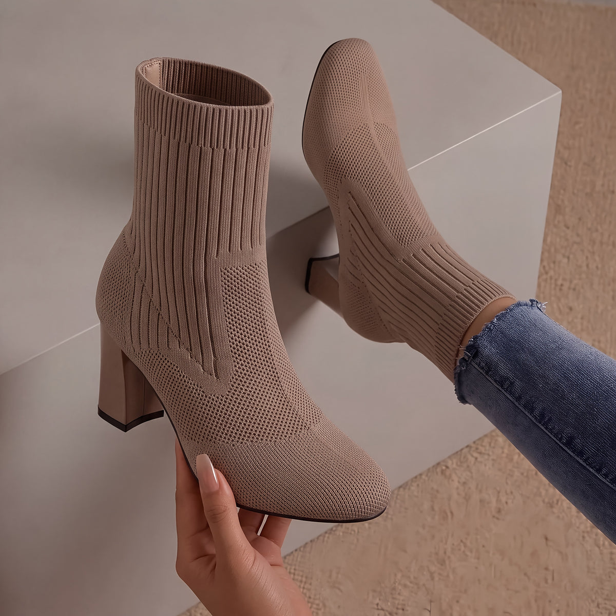 Women's Knit Sock Ankle Boots, Pointed Toes Flatter Feet, Square Toe Chunky Heel Fashion Booties, Comfortable Casual Dress Shoes for Women, Women's Shoes - product image