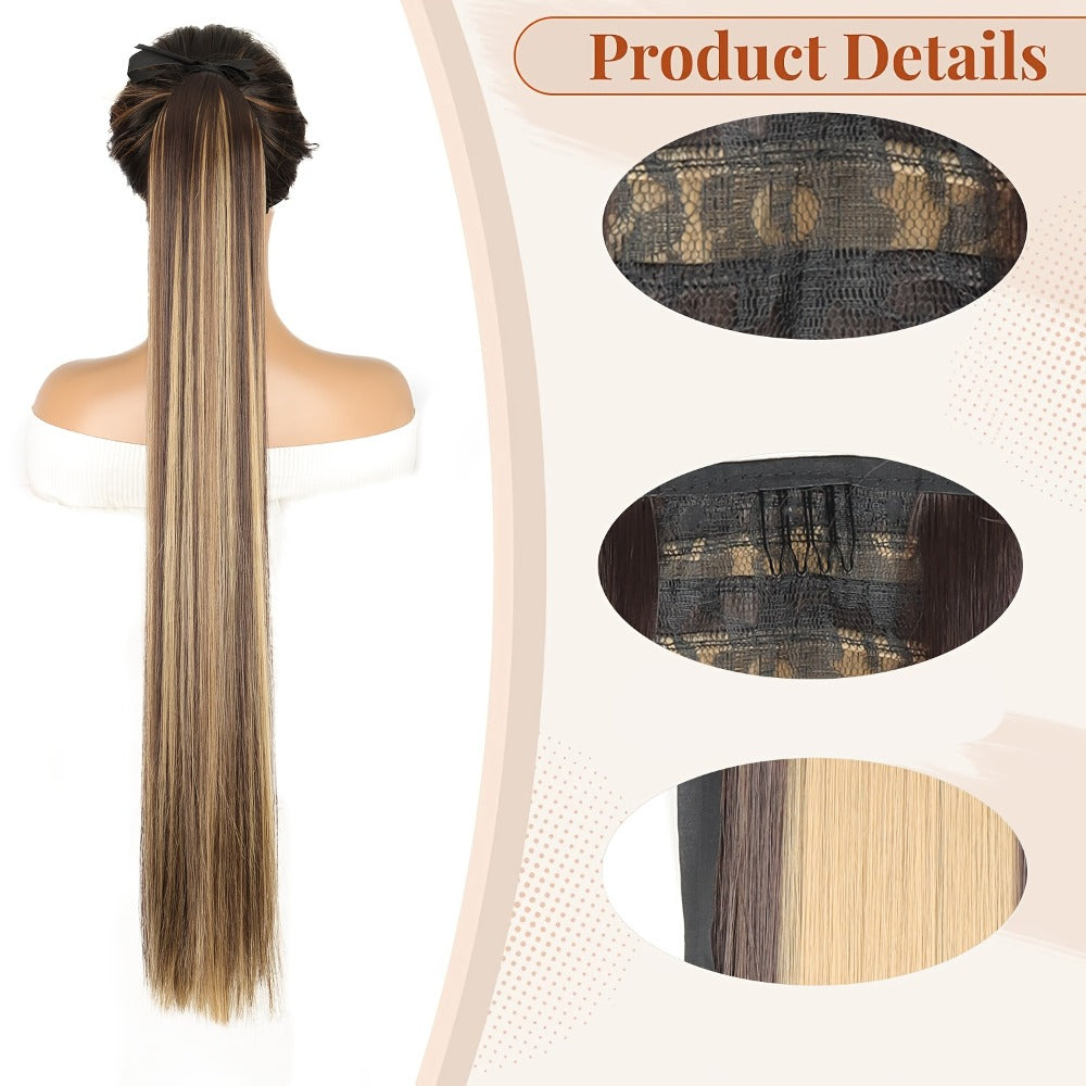 34 Inch Straight Ponytail Extension Ribbon Wrap – Long Sleek High Temperature Fiber Hairpiece for Women | Instant Wrap On Ponytail | Daily Wear Party Wedding | Brown Linen Champagn - product image 7
