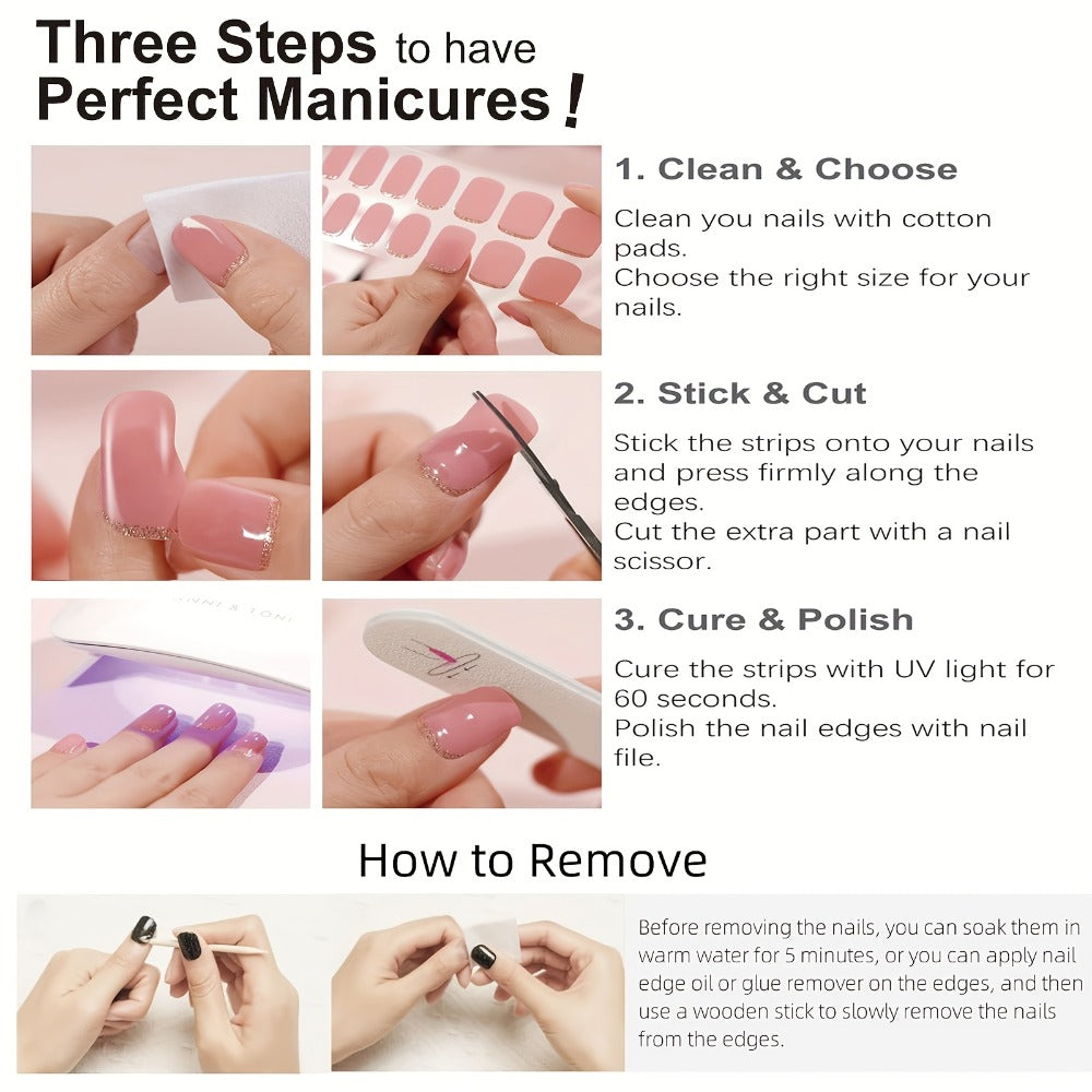 Gel Nail Art Kit Semi-Cured Nail Stickers 20 Designs with Portable UV Lamp Full Coverage Soft Gel Nail Patches Nude Nail Wraps for Women Party Birthday Gift Home Manicure - product image 9