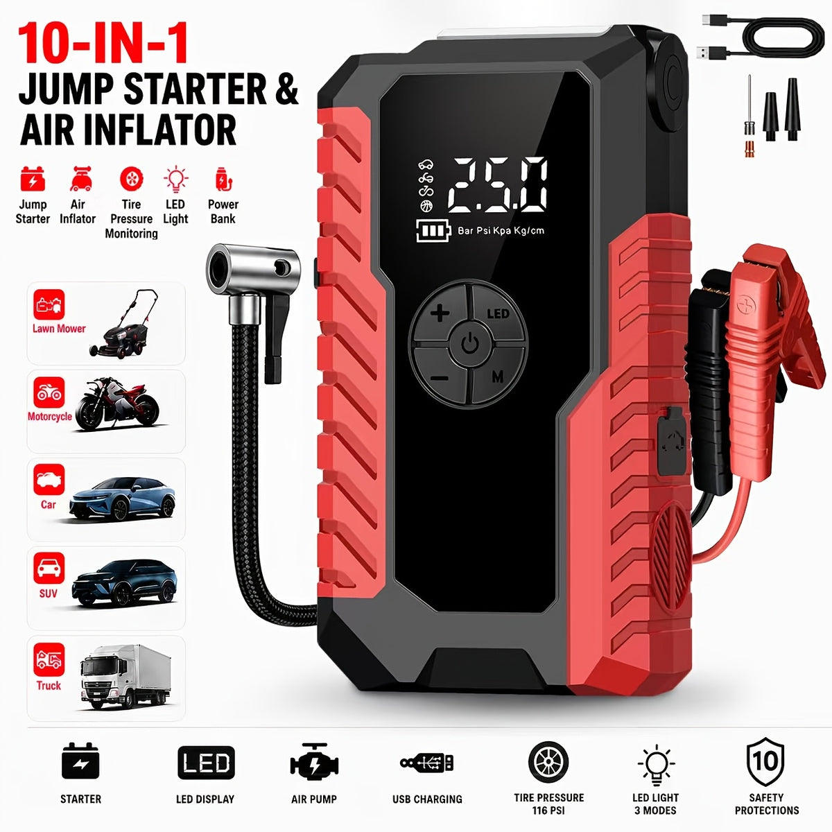 5-in-1/10IN1 Portable Car Battery Jump Starter With Tire Inflator 12V Fast Start, Battery Boost, USB I/O, LED Emergency Light, Reliable Power - product image 5