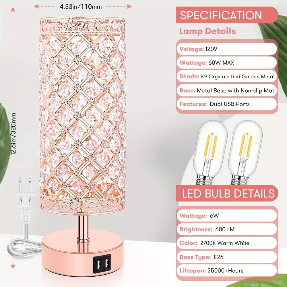 Crystal Bedside Table Lamp with Touch Control & 2 USB Charging Ports, 3-Way Dimmable Nightstand Lamp with Decorative Crystal Base, LED Bulb Included, for Bedroom Living Room Office - product image 4