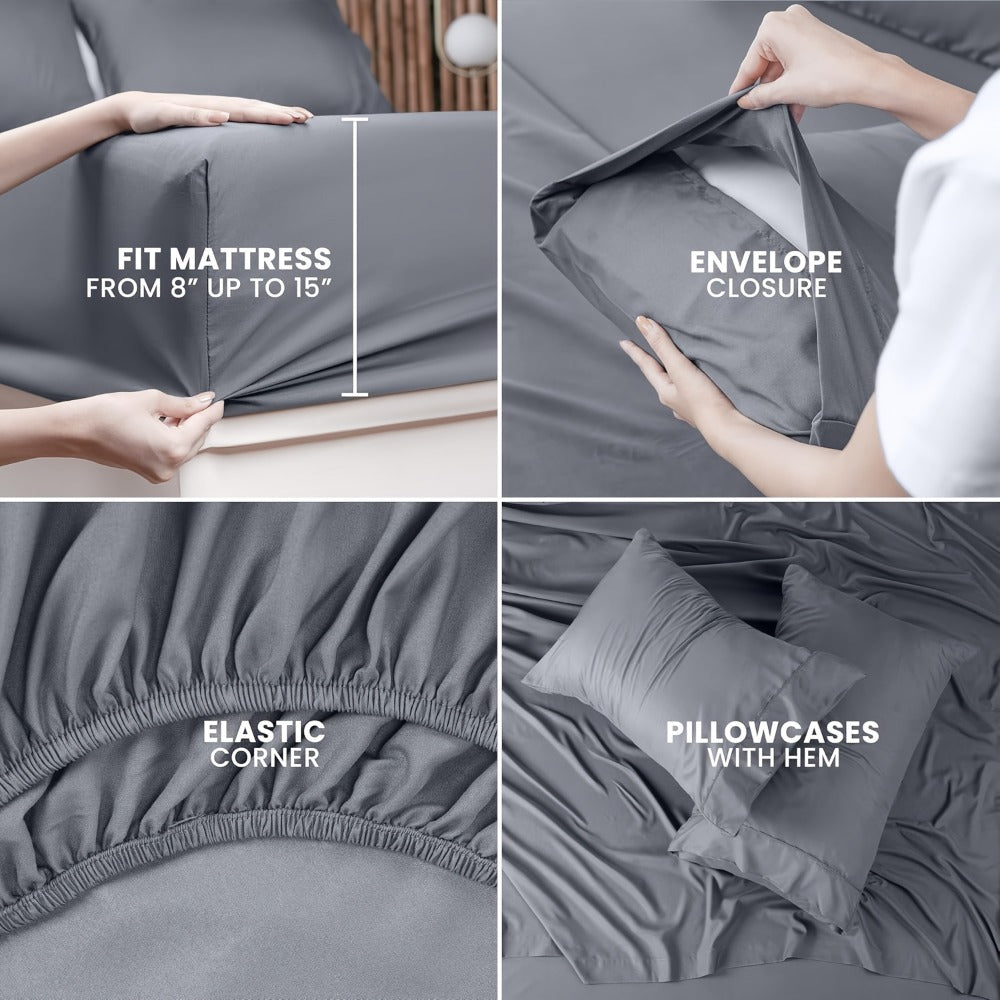 Cooling Fitted Sheet Bamboo Blend Ultra-Soft Deep Pocket Bed Sheet for Hot Sleepers Twin Full Queen King Size Machine Washable Breathable Cooling Bedding White Black Gray Navy Purp - product image 8