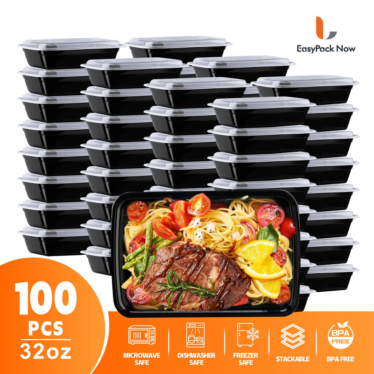 Meal Prep Containers 32oz 100 Pack – Black Stackable Leakproof Food Storage Set (50 Containers + 50 Lids), BPA-Free, Microwave & Dishwasher Safe, for Food Truck, Catering, Office L - product image 7