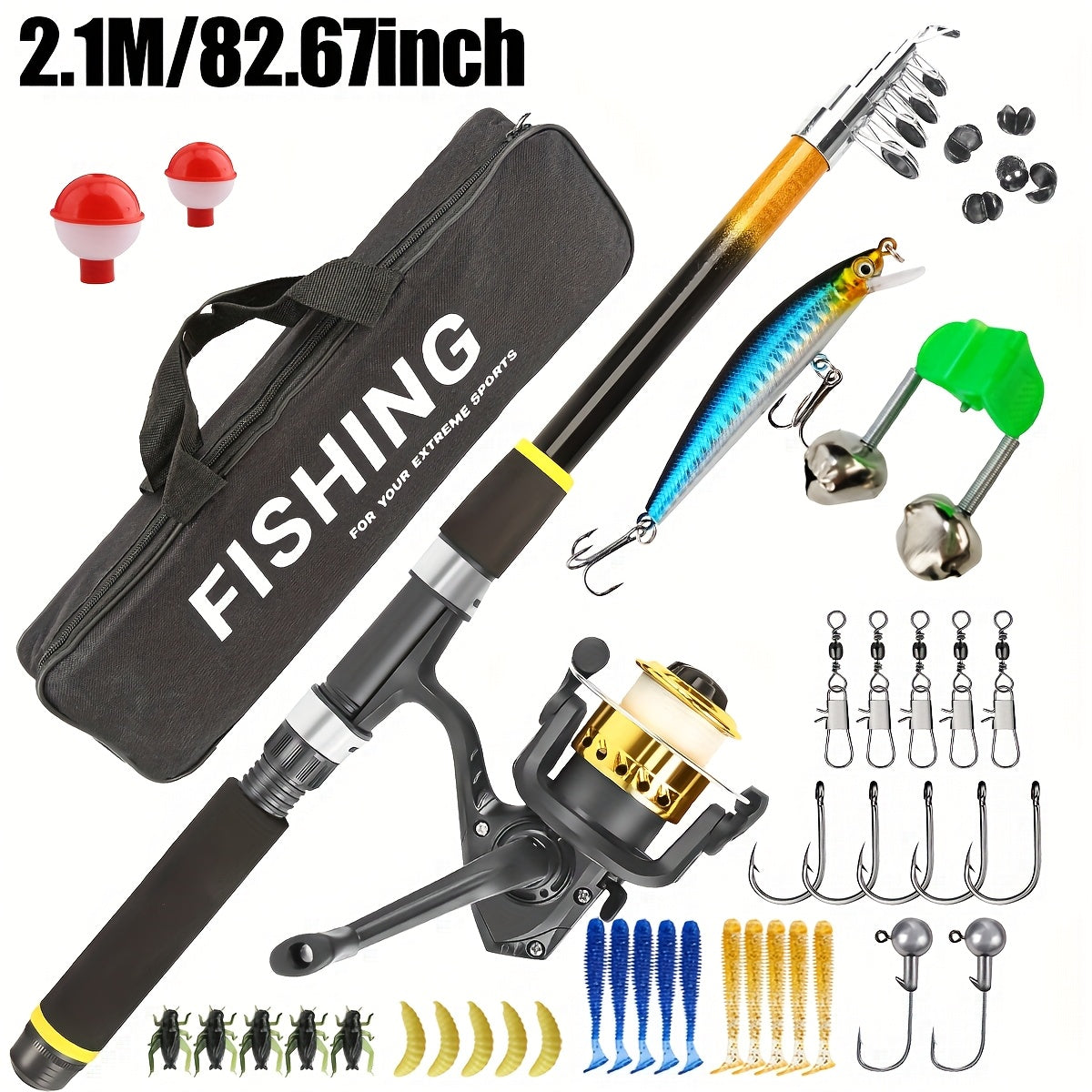 Medium-Fast Action Telescopic Fishing Rod with Line, Lures, Accessories Box & Carry Bag, Ambidextrous Design for Beginners – Baitcasting Rod and Reel Combo Set