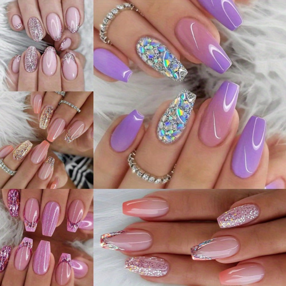 Glitter Sequin Press On Nails 120pcs Coffin Medium Length 5 Packs – Sparkling Pinkish Purple Glossy Full Cover False Nails | Glamorous Nail Art Kit for Women | Party Wedding Bridal - product image