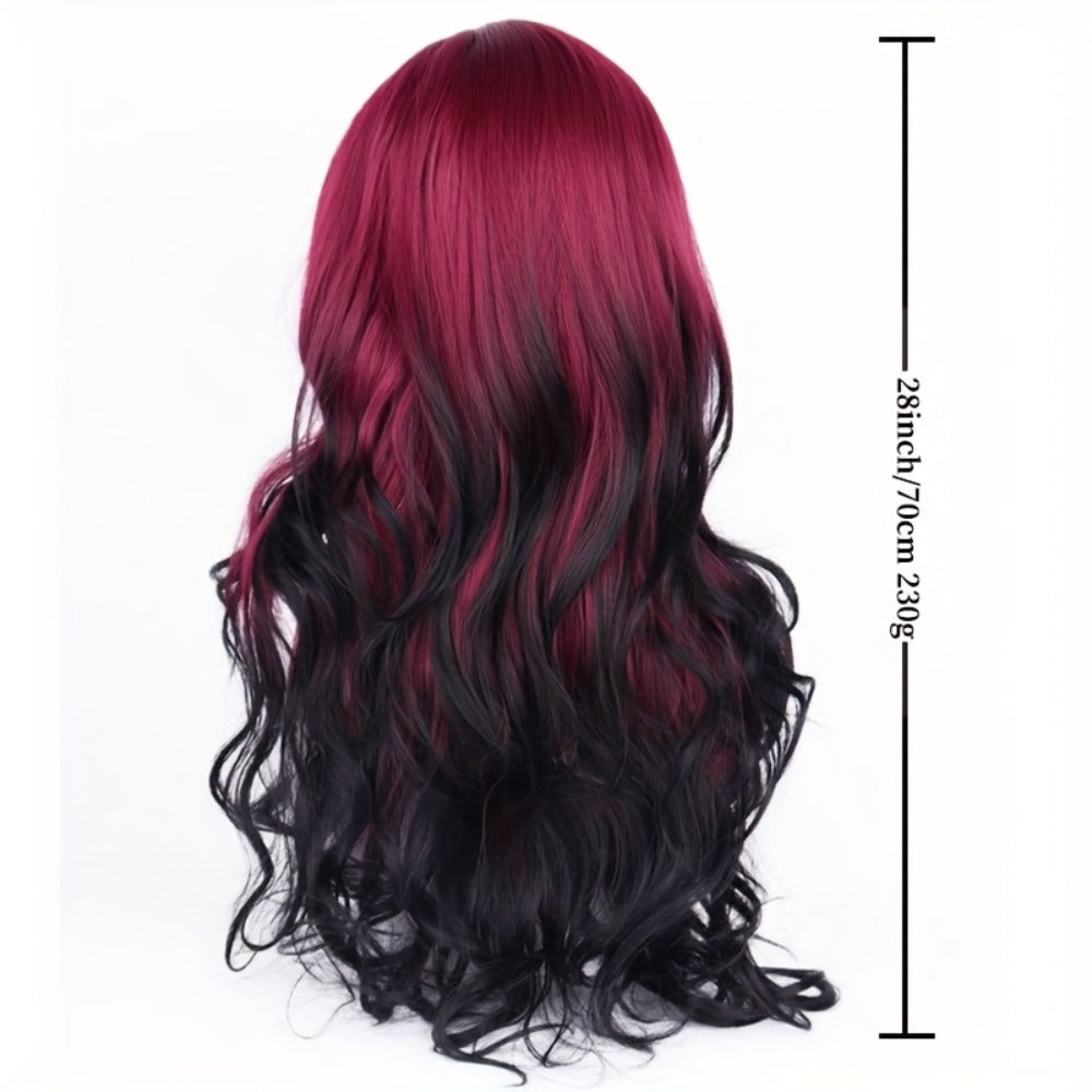 Long Curly Wig Black Red Highlights 28 Inch Wavy Synthetic Rose Net Cap Glamorous Voluminous Hair for Women Cosplay Party Halloween Daily Wear Fashion Statement - product image 4