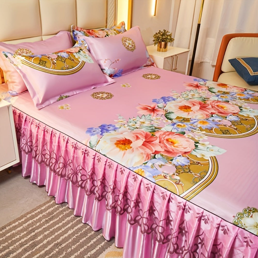 Floral Ruffle Bed Skirt Cool Mat 3 Piece Set with Pillowcase, Double Layer 360° Full Wrap Washable Cooling Mattress Cover, Breathable Summer Bedding Set for Twin Full Queen King, P - product image 14