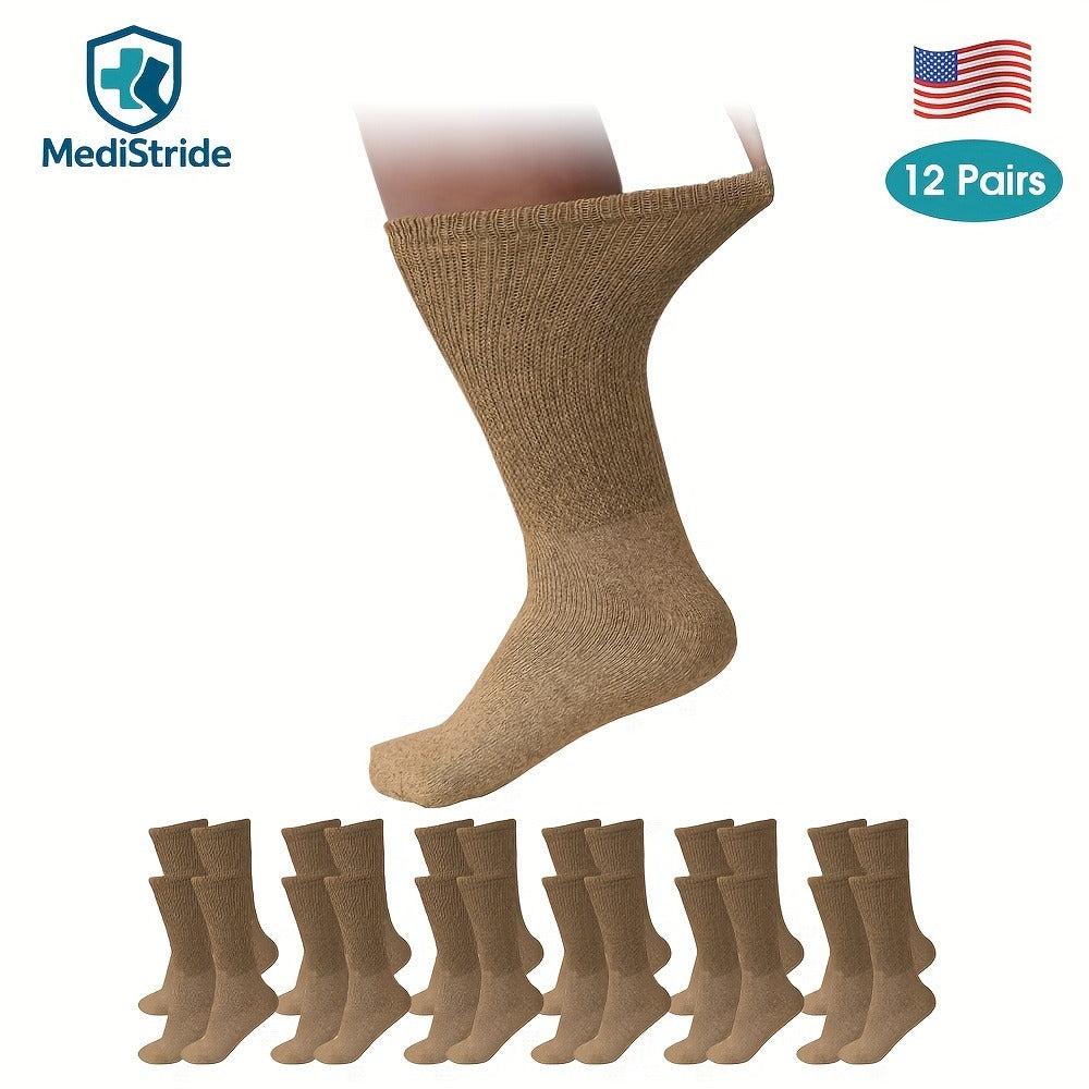 Cotton Diabetic Crew Socks 12 Pairs Non-Binding Neuropathy Loose Fit Seamless Cushioned Full Length for Men Women Edema Sensitive Feet White Black Brown Khaki Navy Grey - product image 7