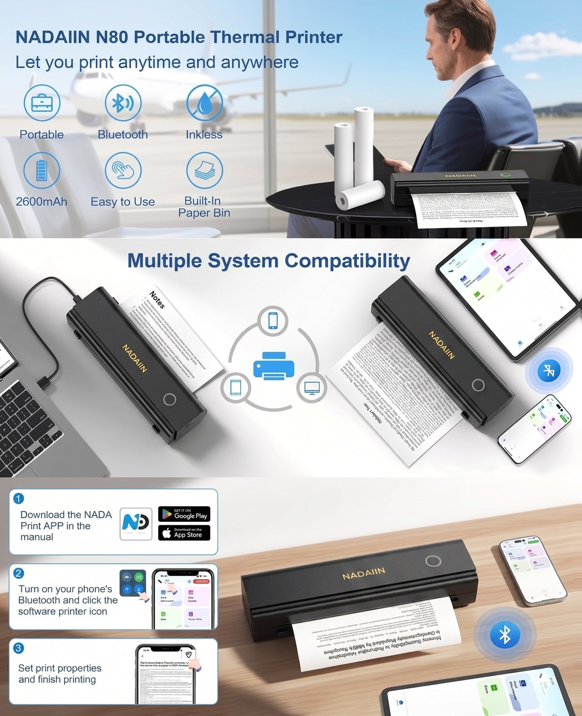A4 Portable Inkless Thermal Printer With Paper Tray, Wireless Wireless Mobile Printer, Supports 8.5x11 Inch American Letter Paper/A4 Thermal Paper, Compatible - product image 10