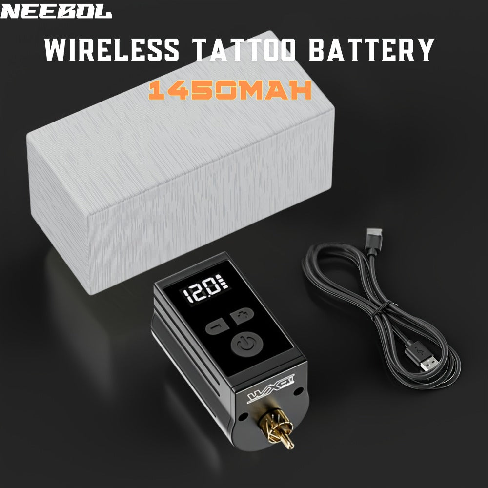 Wireless Tattoo Battery Power Supply 1450mAh Neebol WX-1 Plus — RCA LED Display, 12V Boost Mode, 6-Hour Runtime, USB-C Charging, for Rotary Machines & PMU Pens - product image