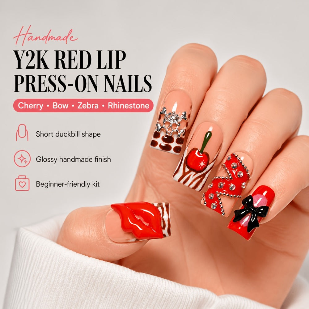 Short Duckbill Press On Nails 3D Red Lips Skull Cherry Bow Rhinestone – Zebra Stripe Polka Dot Sweet Cool Acrylic Nail Art Set for Party, Date Night & Daily Wear, 10pcs S/M/L with  - product image 2