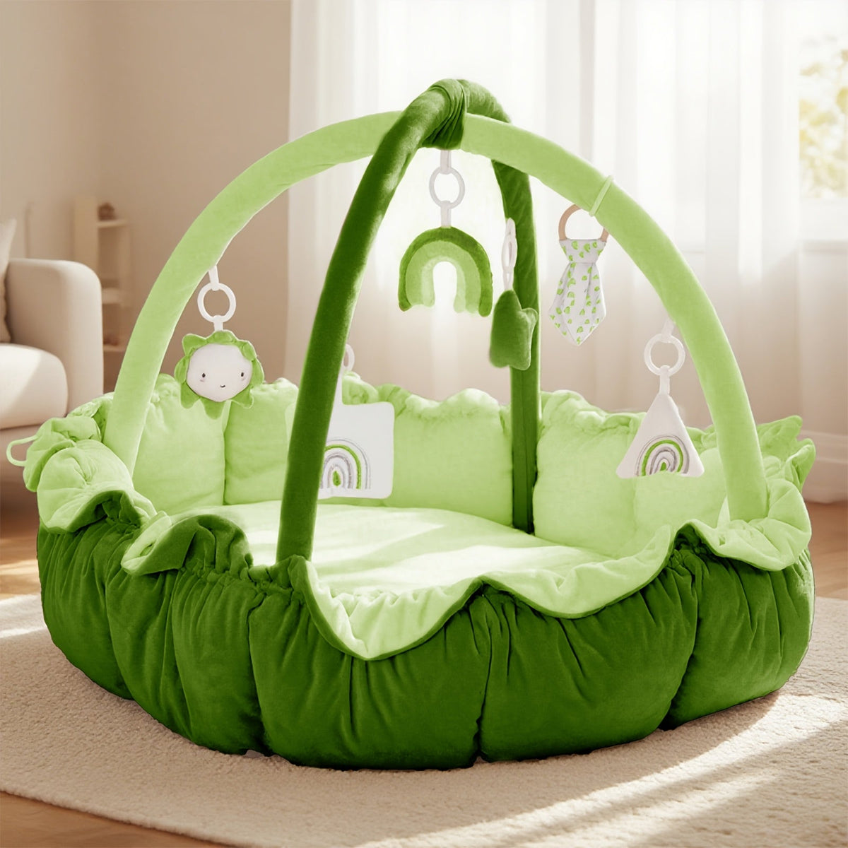 Thick Plush Convertible Ball Pit Tummy Time Mat Floor Cushion for Cats Dogs, Collapsible Pet Activity Gym Pad, Multiple Colors Available | 5-in-1 Pet Play Mat & Bed with 6 Toys