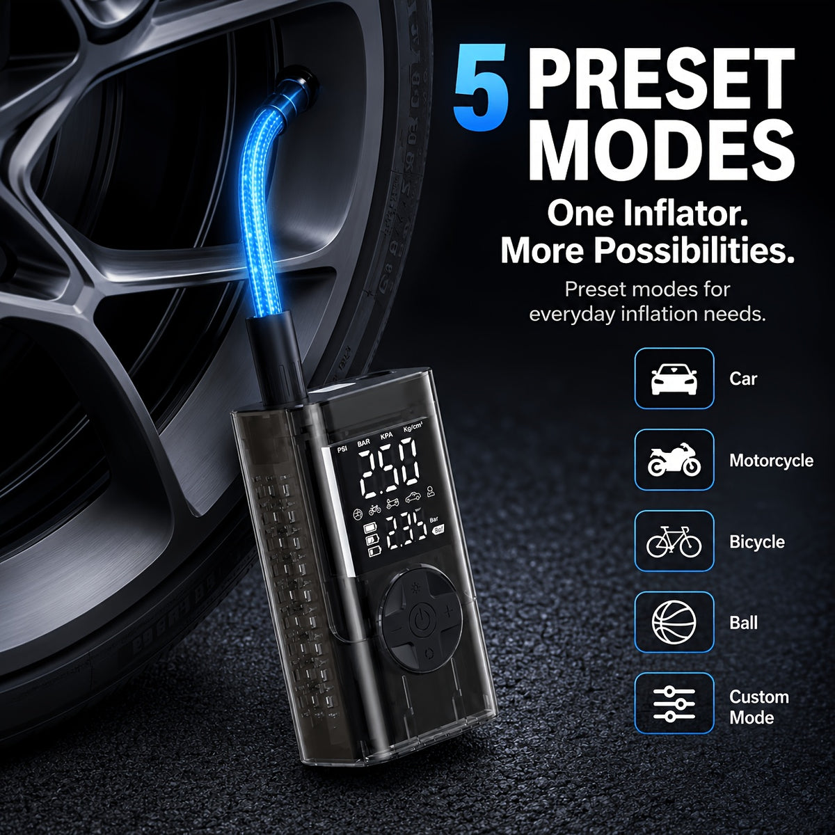 Portable Tire Inflator with Digital Pressure Gauge, Portable Air Compressor, 150PSI/210 PSI, 22 Cylinders, Built-In 12V Car Emergency Jump Starter and Battery - product image 10