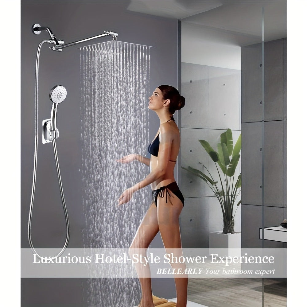 High Pressure Rainfall Shower Head Handheld Combo 4-Spray Modes 10 12 Inch Adjustable Extension Arm 78-Inch Hose Adhesive Holder Wall Mount Chrome Black Bathroom - product image