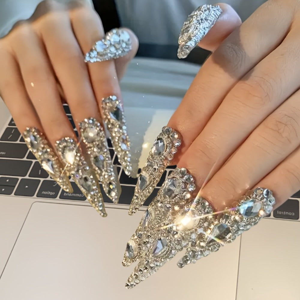 Rhinestone Press On Nails Kit 10pcs Extra Long Almond – Handmade Y2K Silvery Glam Fake Nails with Nail Tools, Stickers & Charms for Women, Party, Christmas, DIY Salon Nail Art Set - product image