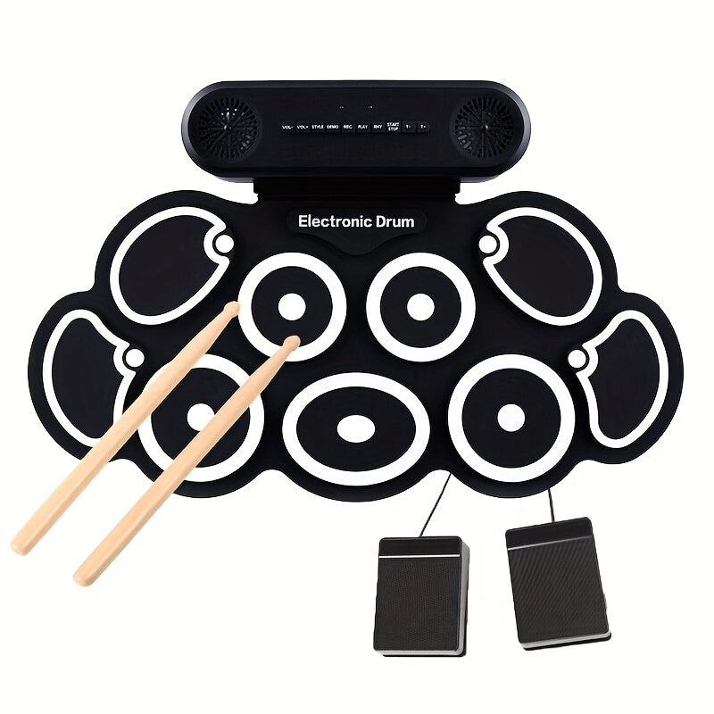 Electronic Drum Set, 9-Pads Roll-Up Electric Drum Pad Kit with Headphone Jack 10Hrs Playtime Built-in Speaker with Drumsticks Pedals, Xmas Birthday Gift for - product image