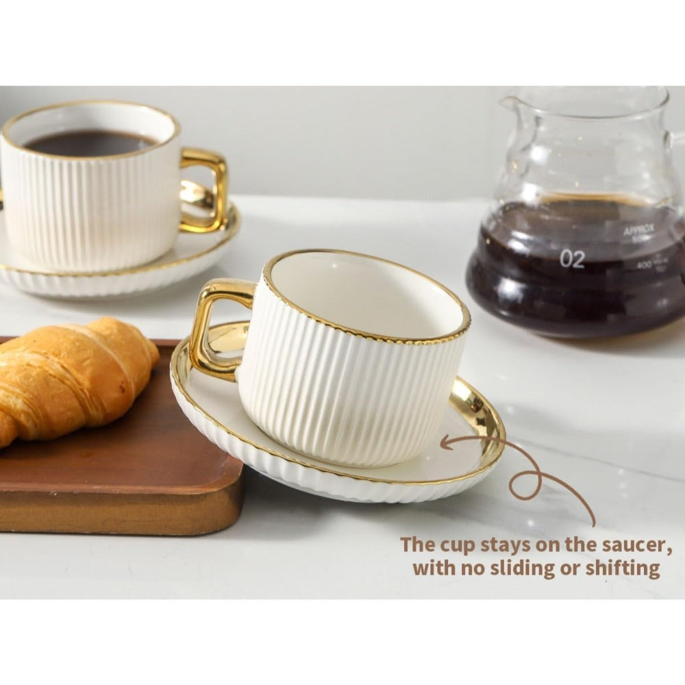 Ceramic Cappuccino Cups with Saucers Set of 6 – 8oz Coffee Mugs with Golden Trim, Latte Art Cups for Espresso Mocha, British Italian Style Café Cups and Saucer Sets for Home Kitche - product image 4