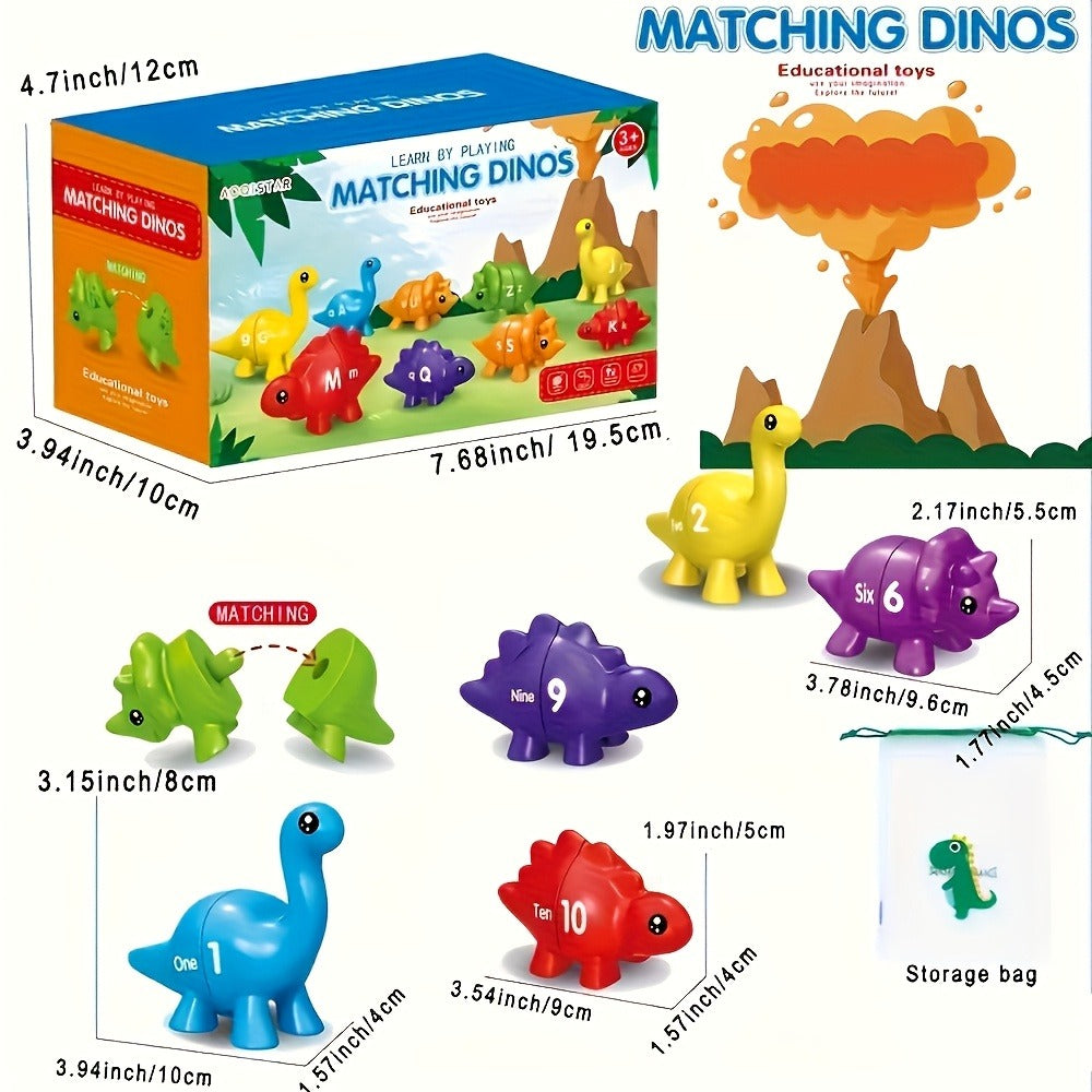 10 Pairs Retractable Plug-In Counting Sorting Math Game with Storage Bag, Montessori STEM Learning Gift for Boys Girls Ages 1-3, Birthday Easter Christmas | Dinosaur Number Matching Toy for Toddlers