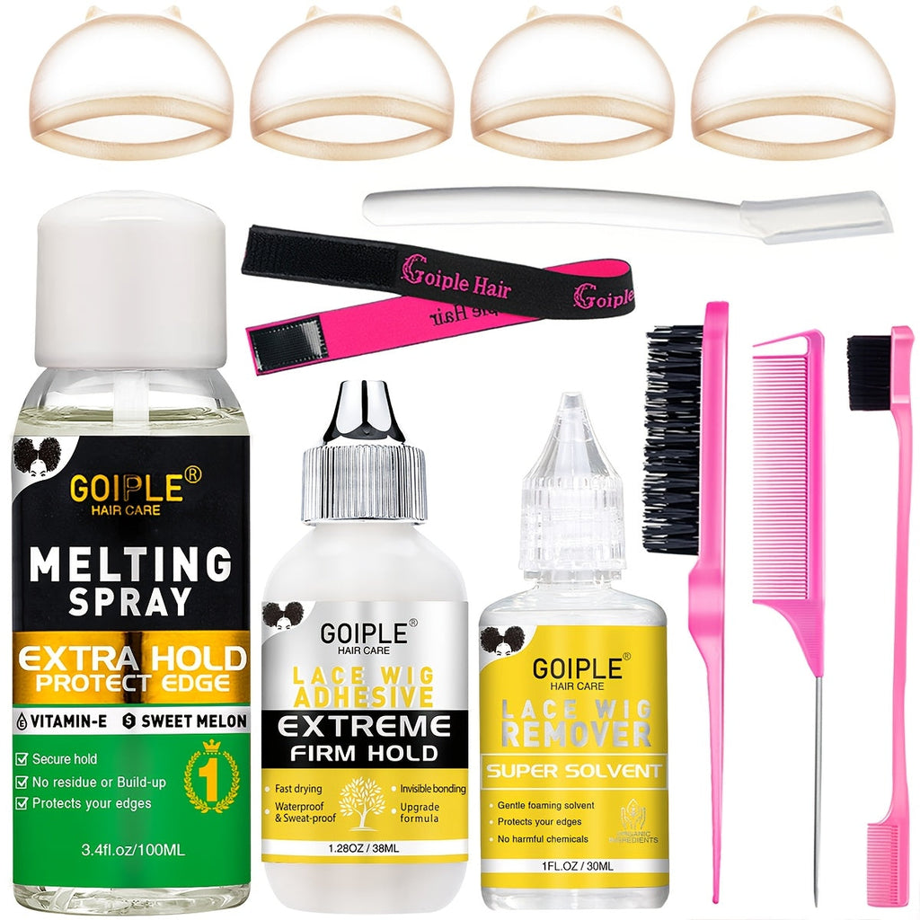 Wig Installation Kit with Lace Glue & Melting Spray | 9pc Glue Kit or 14pc Complete Wig Styling Set | Edge Brush Wig Cap Comb Resistance Band Remover for Beginners & Professionals - product image