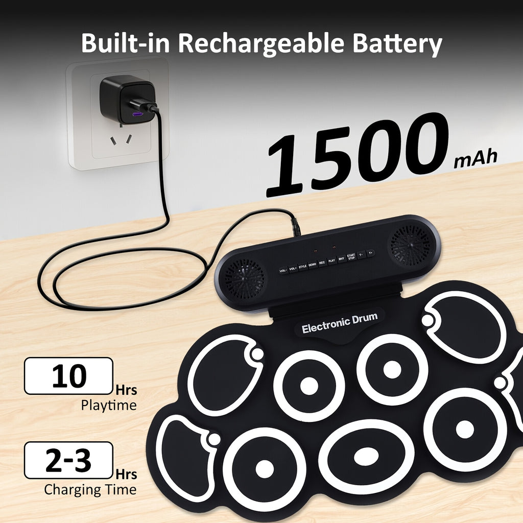 Electronic Drum Set, 9-Pads Roll-Up Electric Drum Pad Kit with Headphone Jack 10Hrs Playtime Built-in Speaker with Drumsticks Pedals, Xmas Birthday Gift for - product image 2