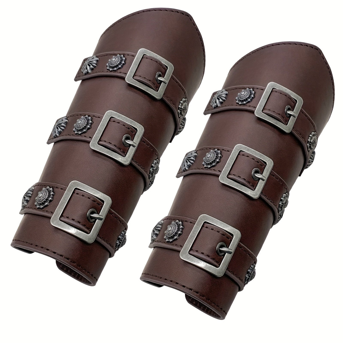 PU Leather Knight Gauntlets Adjustable Metal Buckles Rivets for Men Women Halloween Cosplay LARP Renaissance Fair Stage Costume Dark Brown Khaki Black | Viking Medieval Leather Arm Guards Bracers