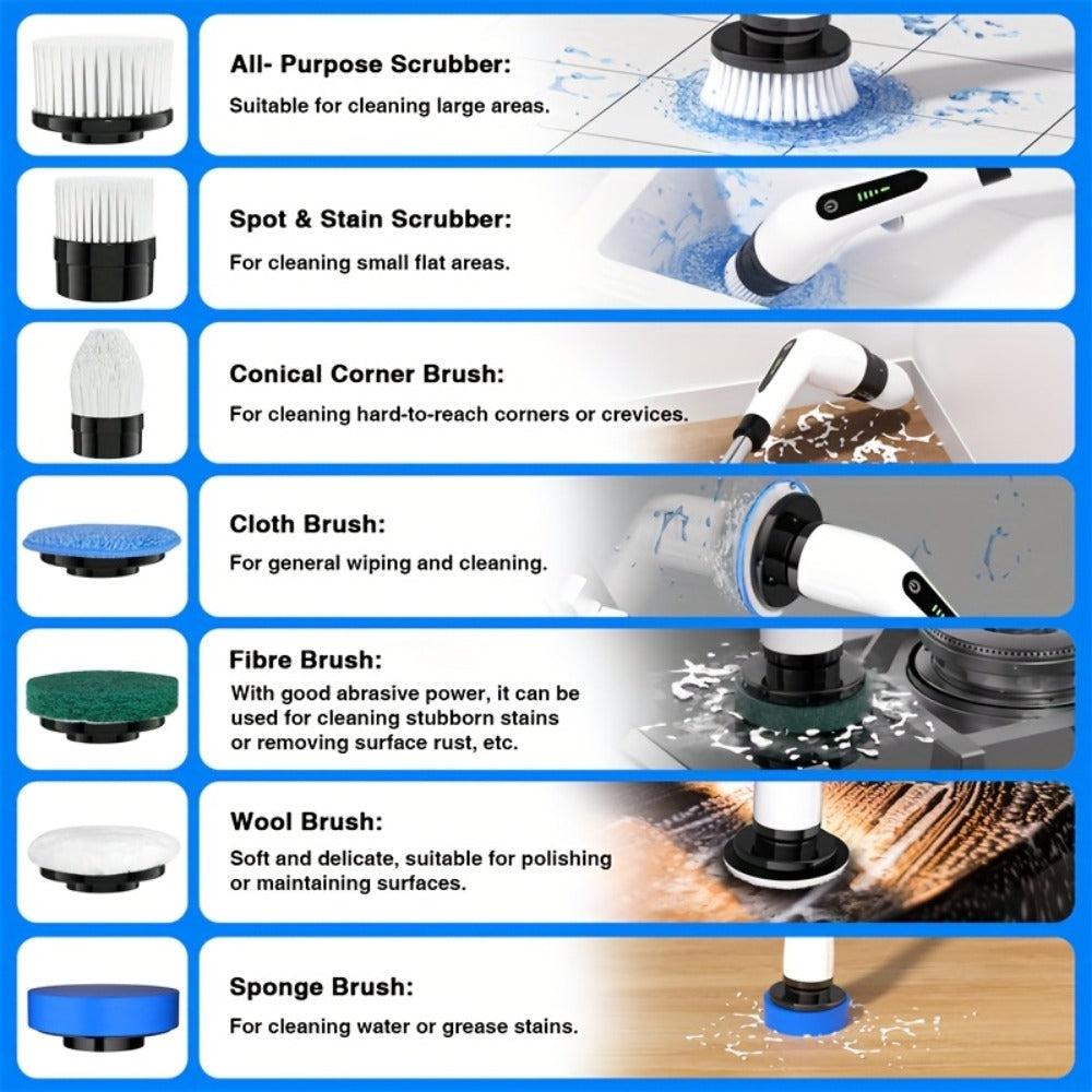 Electric Spin Scrubber Cordless, 7-in-1 Cleaning Brush with 7 Replaceable Heads, Dual Speed Adjustable, USB Rechargeable, Detachable Telescopic Handle for Bathroom Tile Kitchen Tub - product image 9
