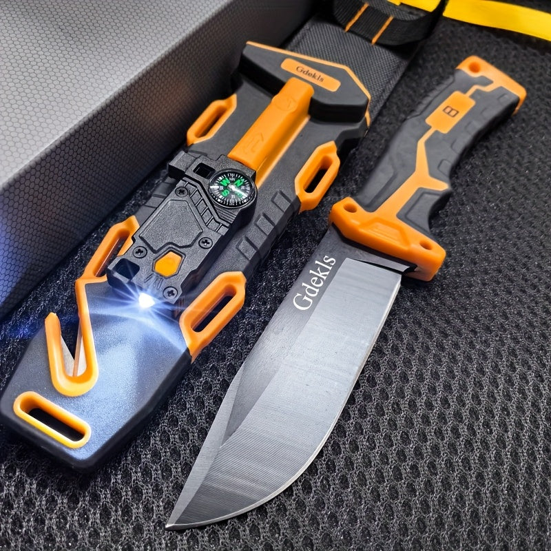 Fixed Blade Outdoor Camping Knife 9.64 Inch Stainless Steel – Non-Slip Ambidextrous Handle for Hiking Mountaineering Adventure – Survival Hunting Knife with Flint Fire Starter Night Light Sharpener Safety Sheath