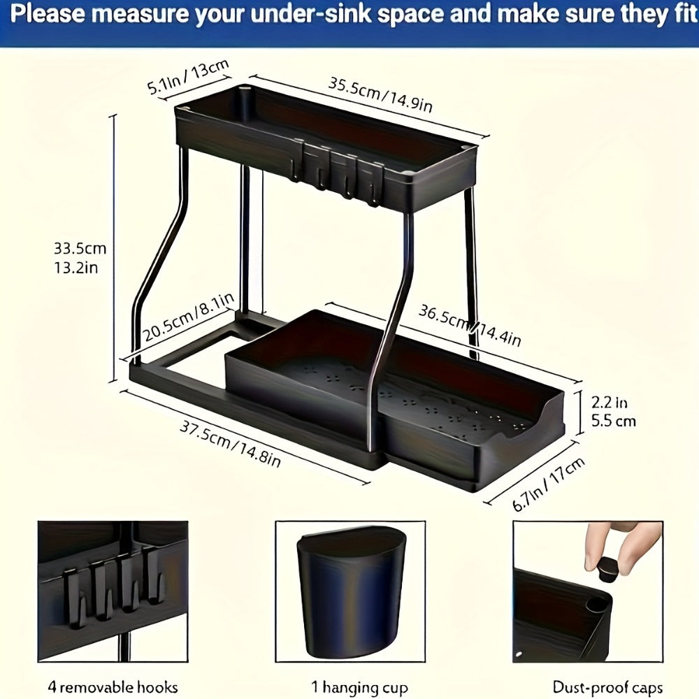 Under Sink Organizer 2-Tier Sliding Cabinet Basket with Hooks – Adjustable Bathroom Kitchen Shelf Storage Rack for Cabinets - product image 4