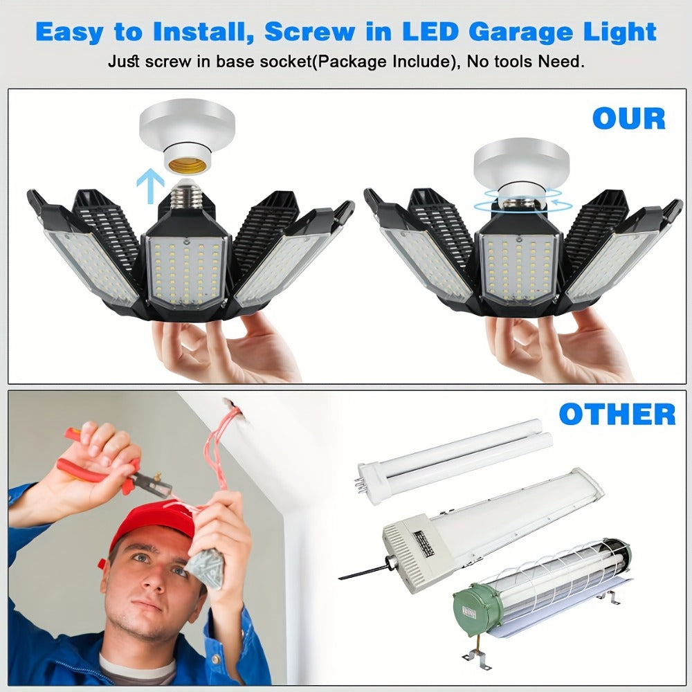 LED Garage Lights 25000LM Deformable – 250W Equivalent E26/E27 Screw-In Ceiling Shop Light with 6+1 / 8+1 Adjustable Panels for Garage, Basement, Attic & Warehouse (1, 2 or 4-Pack) - product image 10