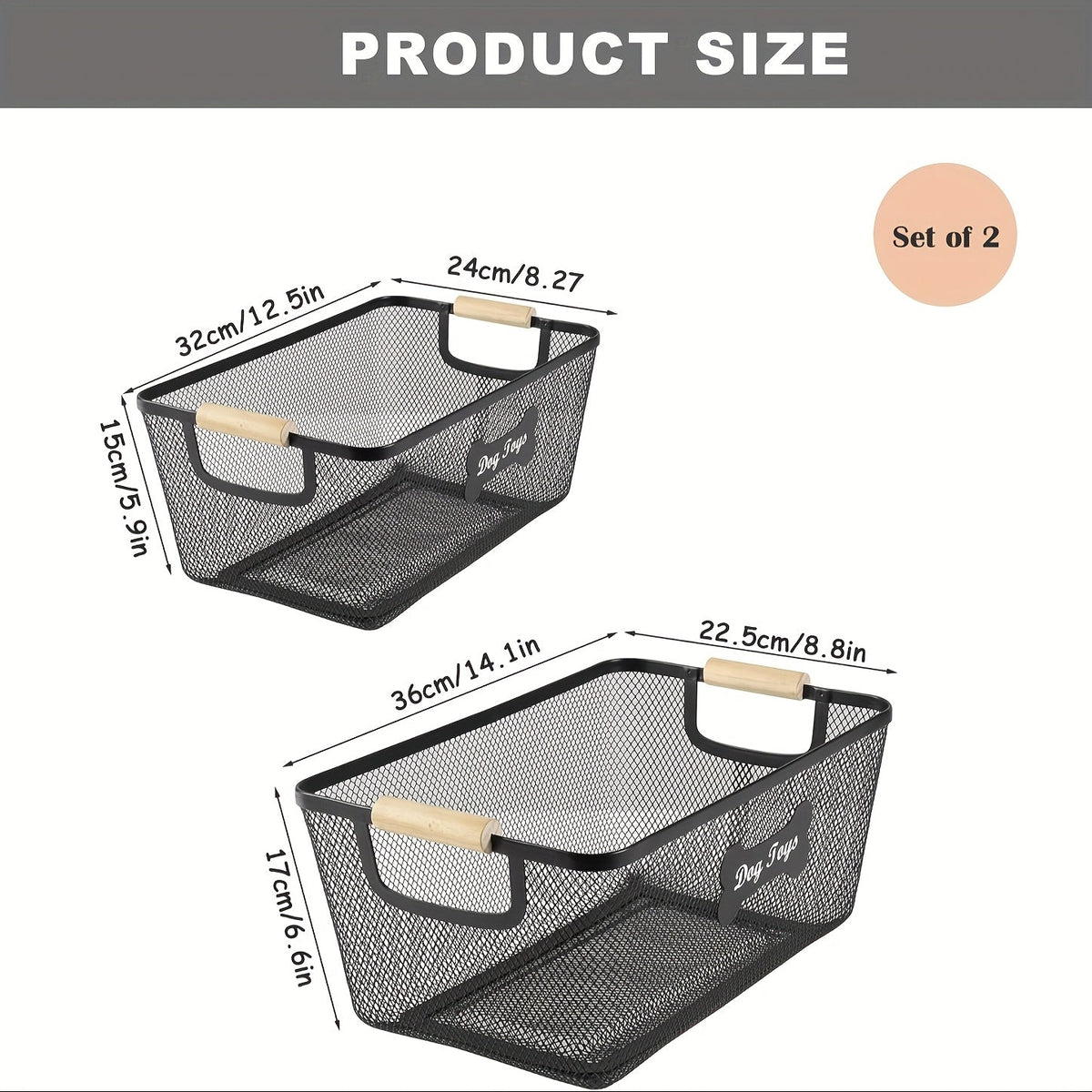 2-Pack Mesh Wire Organizer Bin for Dog Toys, Collars, Blankets & Accessories | Metal Dog Toy Storage Basket Set with Wooden Handles - product image 2