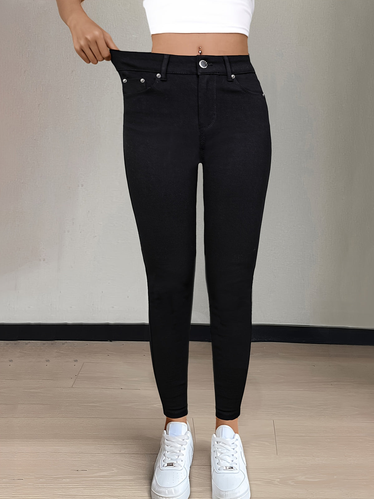 CY038 Full-Length Black High-Waist Skinny Jeans - Stretchy Fabric, Button Decor, Five Pockets, Long Style, Solid Color, Weekend Casual Streetwear - Ideal for - product image 8