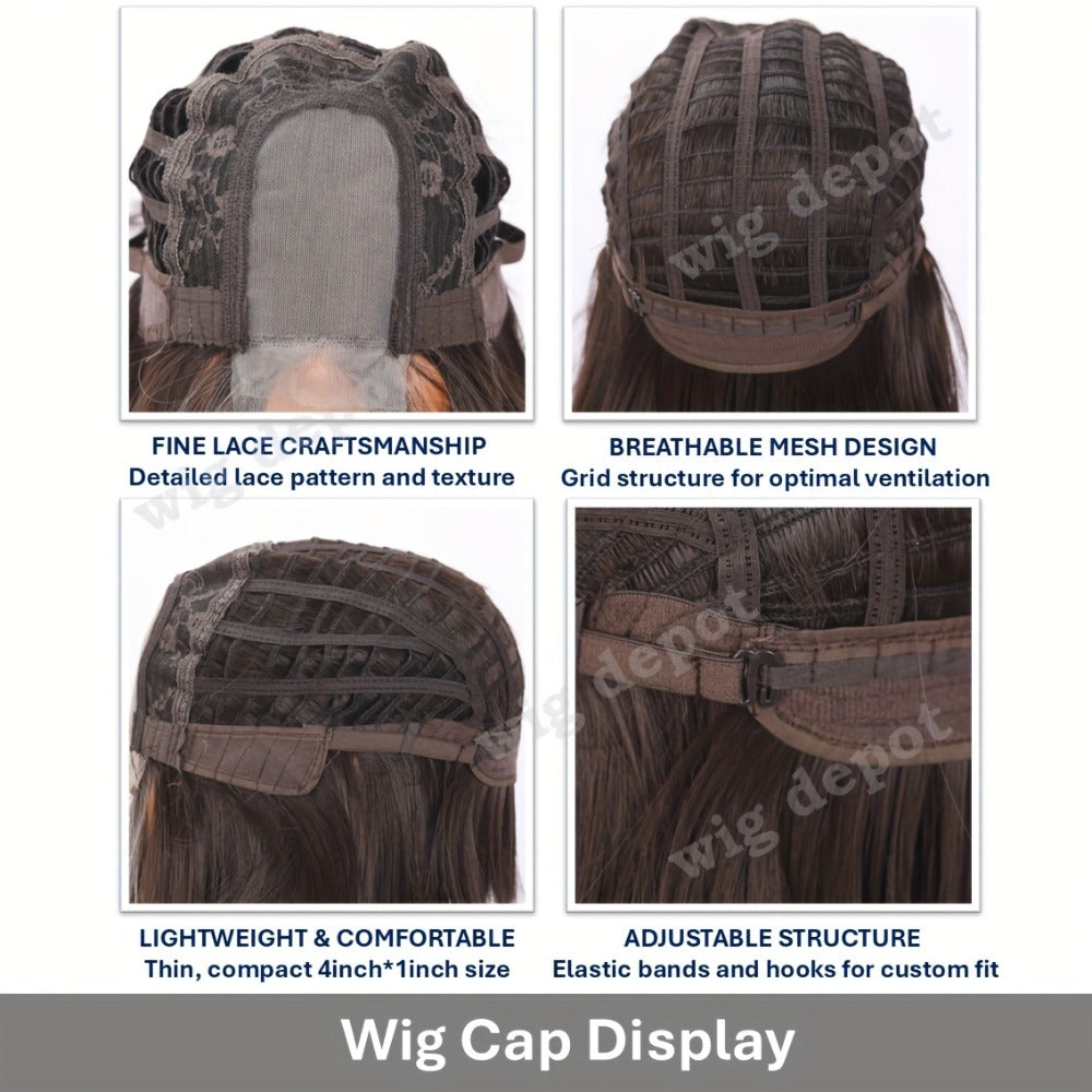 U Part Lace Front Bob Wig 4x1 Glueless Rose Net Cap Middle Part Natural Hairline Synthetic Wig for Women 14 Inch Brown Highlights Milky White Black Pink - product image 22