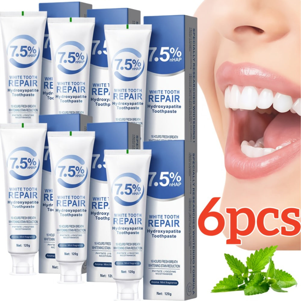 Hydroxyapatite Whitening Toothpaste 6 Pack - 7.5% Nano Deep Cleaning Gentle Non-Irritating Mint Fresh Breath Toothpaste for Sensitive Teeth, Daily Oral Care, Family & Travel Set - product image