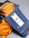 Men's High-Waisted Straight-Leg Winter Jeans - Thickened -Lined Warmth, Washed Denim Texture, Solid Blue Casual Pants for Cold Weather, Cold Weather Apparel - product image 6