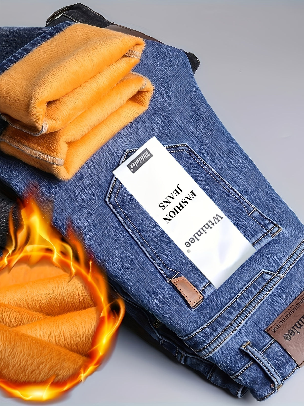 Men's High-Waisted Straight-Leg Winter Jeans - Thickened -Lined Warmth, Washed Denim Texture, Solid Blue Casual Pants for Cold Weather, Cold Weather Apparel - product image 6
