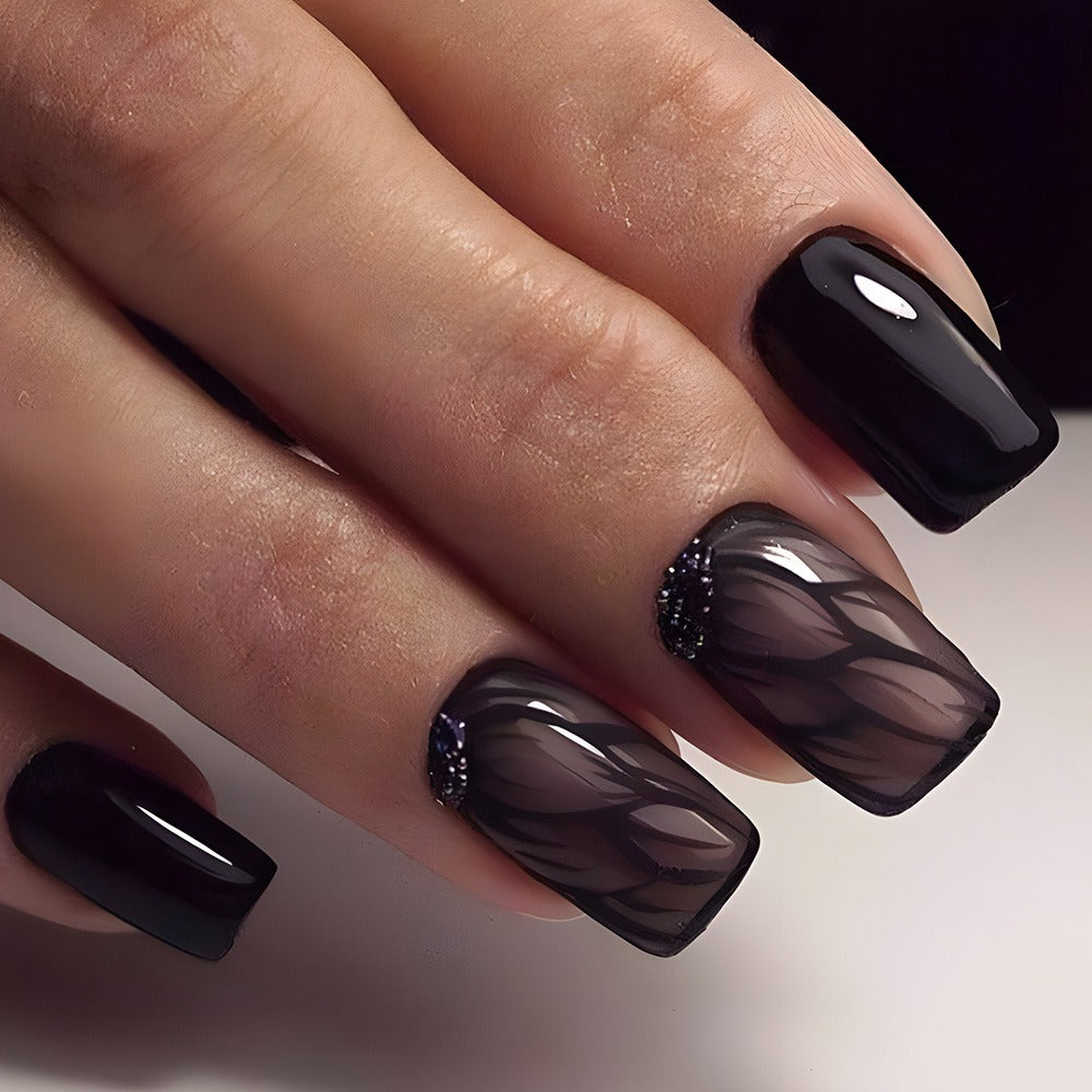 Black Press On Nails Short Square 96 Pieces – Ice Crack Crackle Design Glossy Full Cover Fake Nails for Women Girls | Edgy Alternative Nail Art Kit | Summer Party Concert Festival  - product image 7
