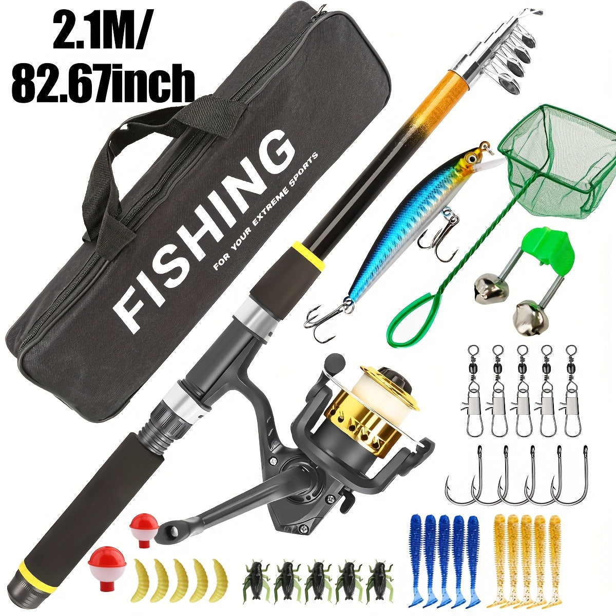Medium-Fast Action Telescopic Fishing Rod with Line, Lures, Accessories Box & Carry Bag, Ambidextrous Design for Beginners – Baitcasting Rod and Reel Combo Set