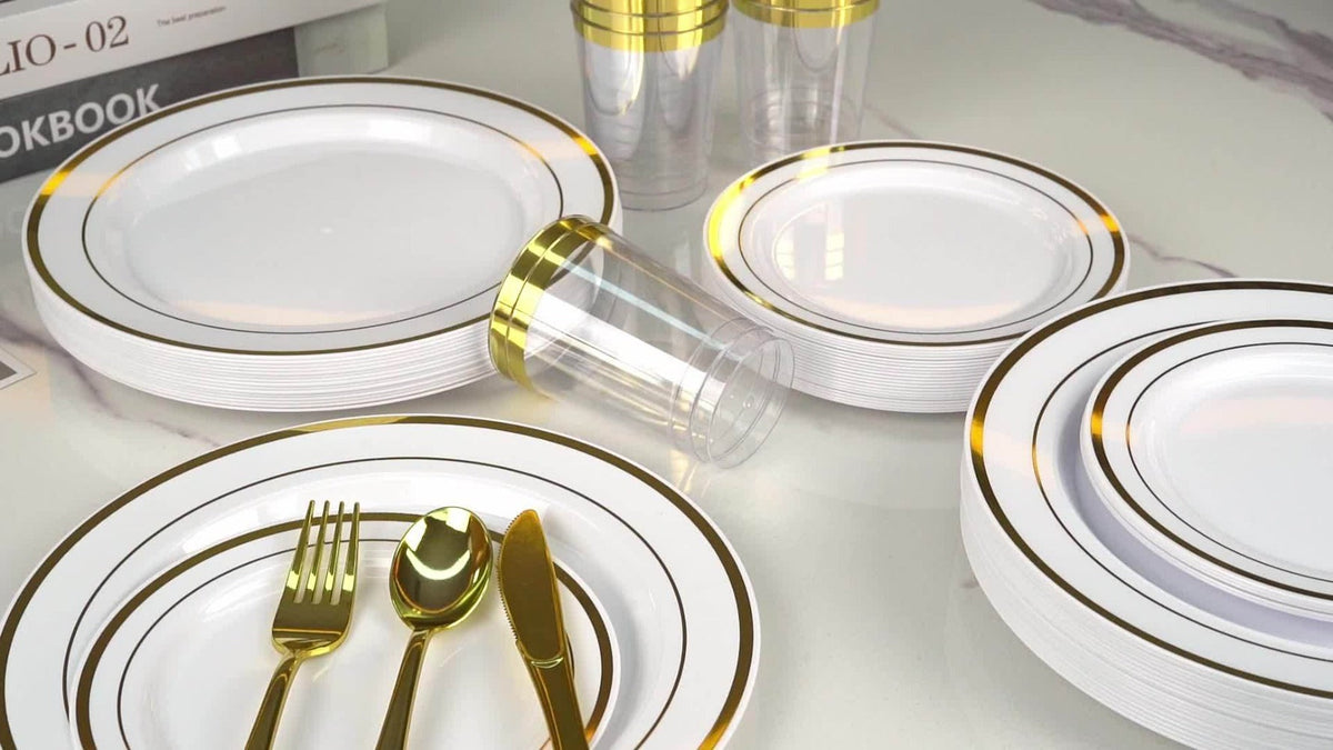 Disposable Party Dinnerware Set 350 700 Pieces Gold Silver Plastic Plates Salad Plates Cutlery Cups Napkins for 50 100 Guests Wedding Birthday Graduation Party - product image 12