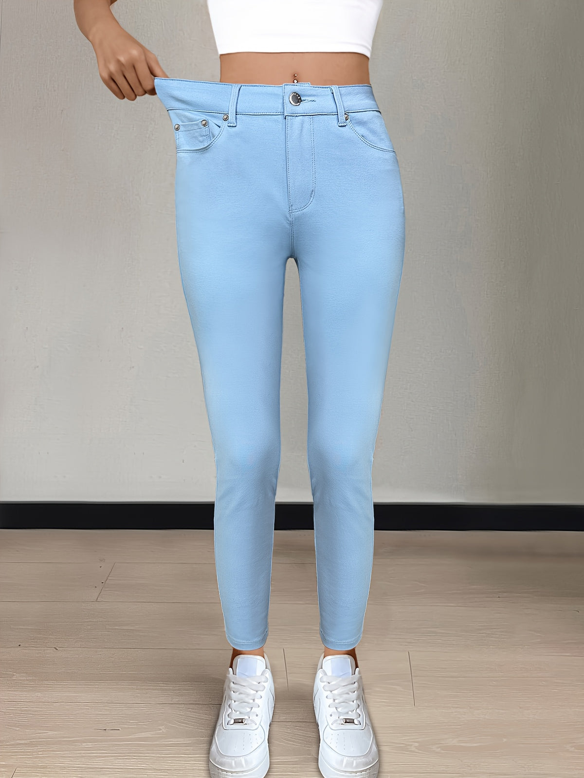 CY038 Full-Length Black High-Waist Skinny Jeans - Stretchy Fabric, Button Decor, Five Pockets, Long Style, Solid Color, Weekend Casual Streetwear - Ideal for - product image