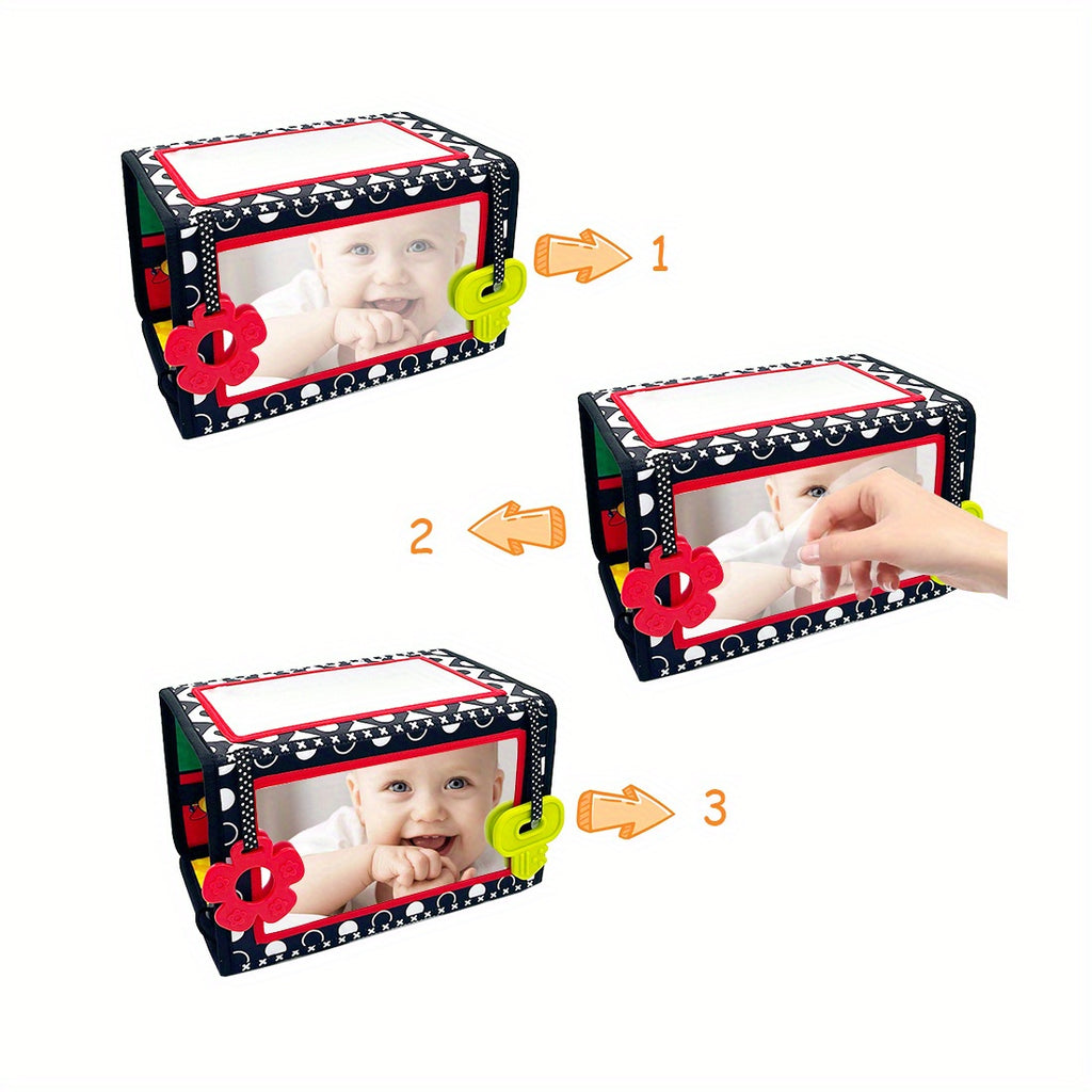 Double-Sided Tummy Time Floor Mirror with Teethers - Black & White High Contrast Baby Toys for Sensory Development, Crawling Aid with Interactive Animal & Geometric Patterns