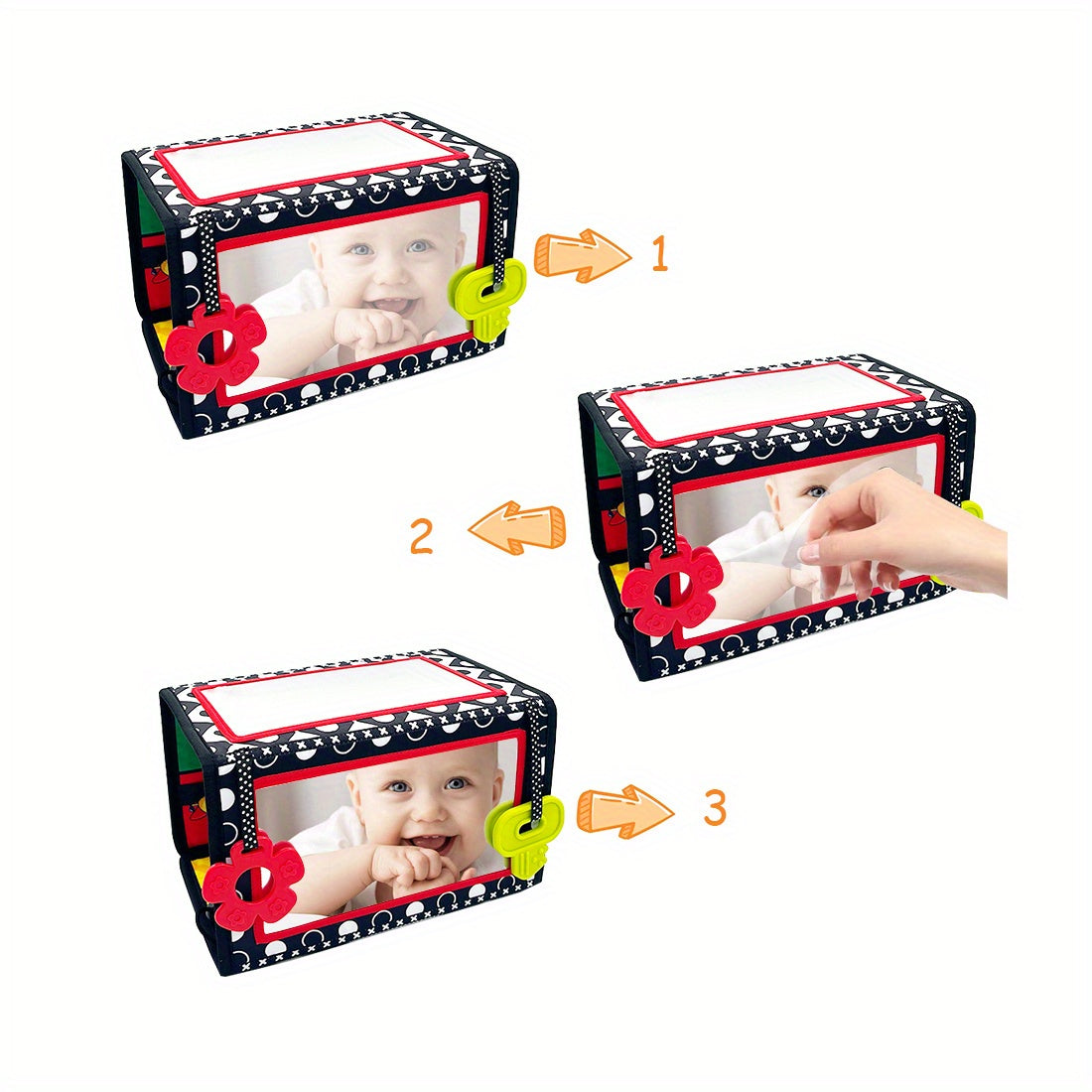 Double-Sided Tummy Time Floor Mirror with Teethers - Black & White High Contrast Baby Toys for Sensory Development, Crawling Aid with Interactive Animal & Geometric Patterns