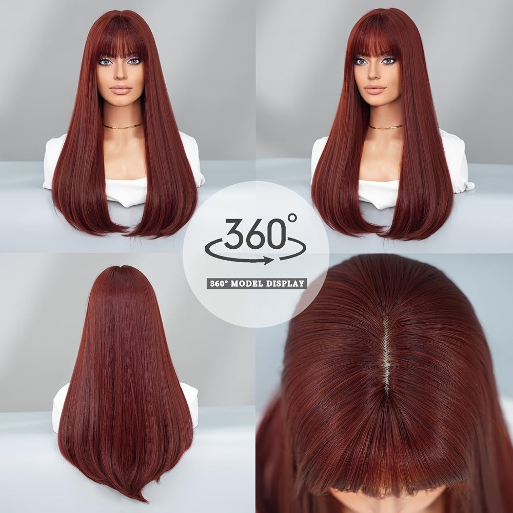 Long Straight Wig with Bangs Burgundy Wine Red 28 Inch Synthetic Heat Resistant Lightweight for Women Daily Wear Holiday Party Cosplay Halloween Natural Look Fashion - product image 2