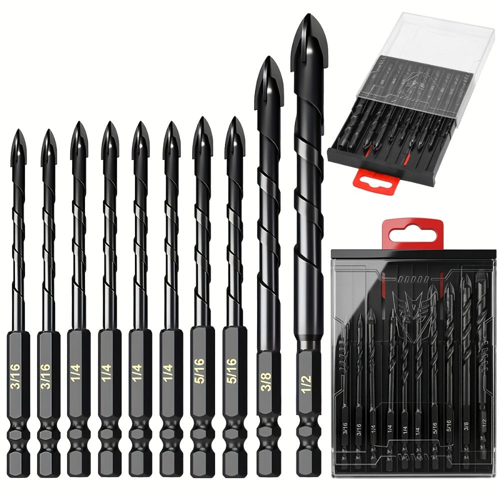 Masonry Drill Bits Set 10pcs – Tungsten Carbide Tip Drill Bits for Tile, Brick, Glass, Ceramic, Concrete, Plastic & Wood | Multi-Material Heavy-Duty Drill Bit Kit for Home Improvem - product image