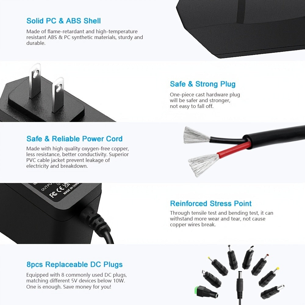 Universal 5V 2A Power Adapter 9-in-1 with 8 Tips - AC/DC 10W Power Supply Type-C Micro-USB Barrel Connectors for Router CCTV LED Strip TV Box - product image 6